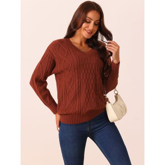 V Neck Long Sleeve Casual Loose Chunky Warm Pullover Sweater Top Wine Red - Picture 2 of 5